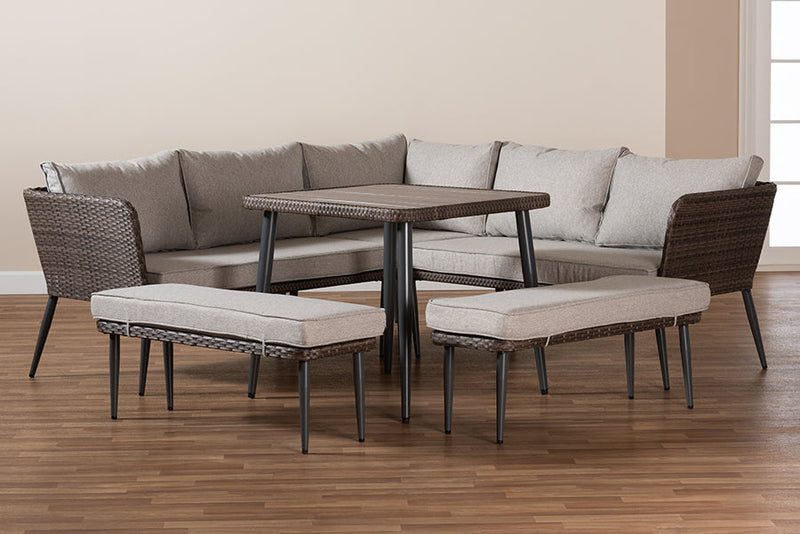 Rochadh Light Gray Brown Finished 5-Piece Woven Rattan Outdoor Patio Set Baxton