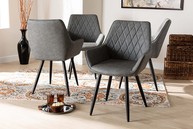 Macaria Mid-Century Contemporary Gray Faux Leather Upholstered and Black Metal 4-Piece Dining Chair Set