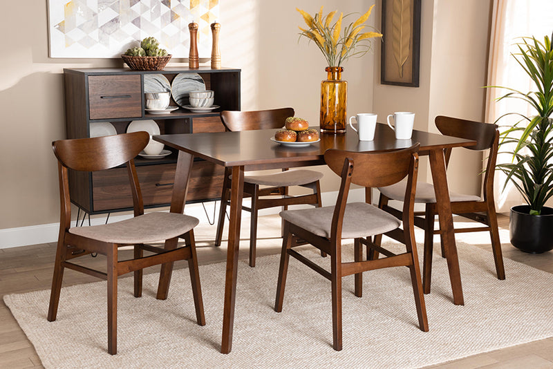 Lauren Mid-Century Light Beige Fabric Upholstered and Walnut Brown Finished Wood 5-Piece Dining Set