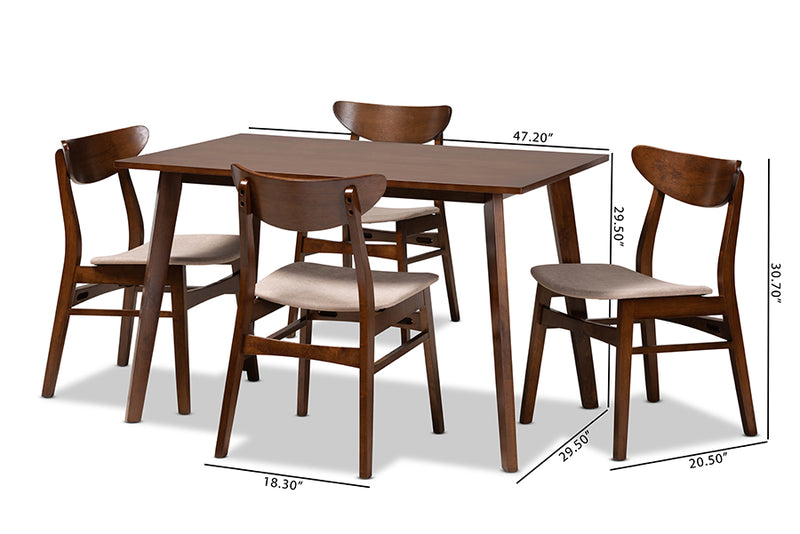 Lauren Mid-Century Light Beige Fabric Upholstered and Walnut Brown Finished Wood 5-Piece Dining Set