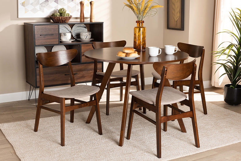 Genica Mid-Century Light Beige Fabric Upholstered and Walnut Brown Finished Wood 5-Piece Dining Set