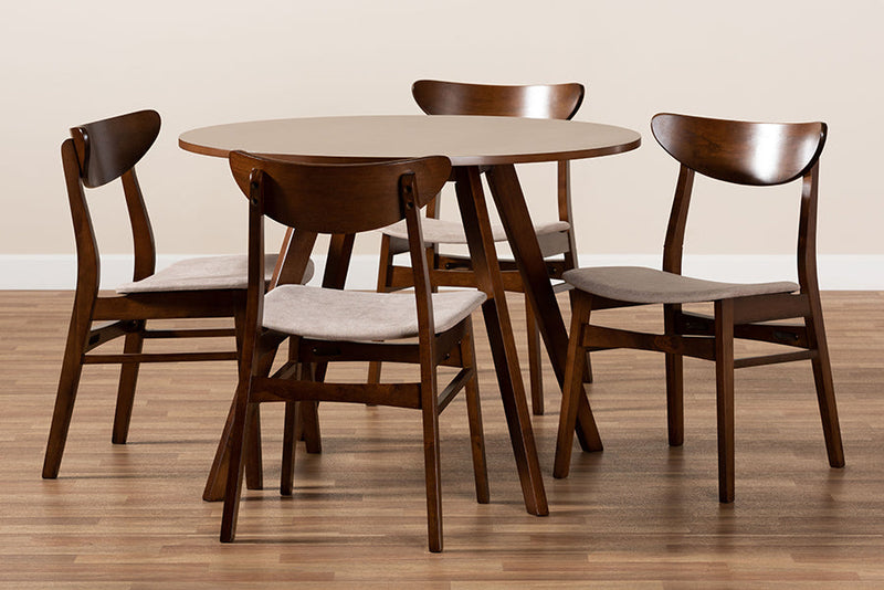 Genica Light Beige Fabric Upholstered and Walnut Brown 5-Piece Dining Set Baxton