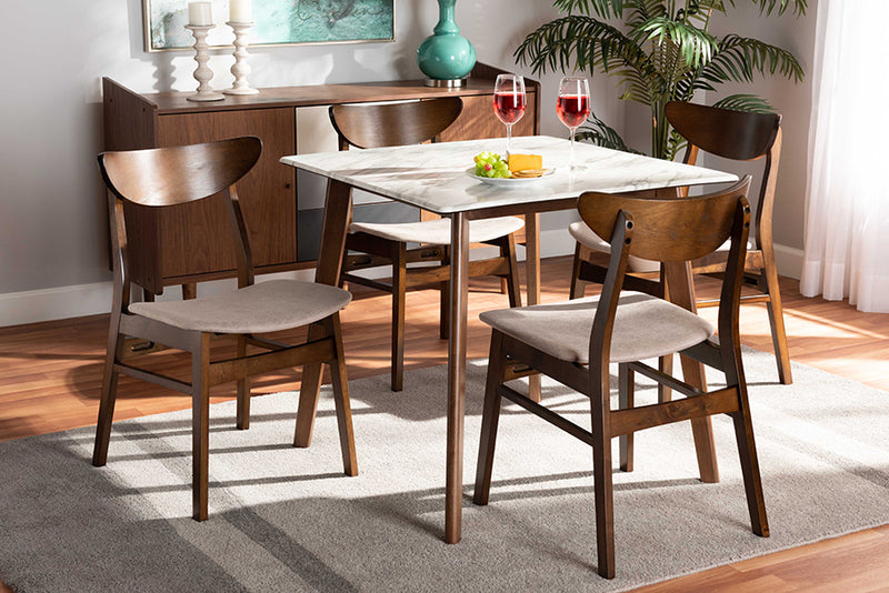 Bristol Mid-Century Light Beige Fabric/Walnut Brown Finished Wood 5-Piece Dining Set w/Faux Marble Dining Table