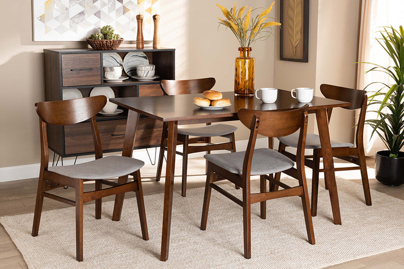 Lauren Light Gray Fabric Upholstered and Walnut Brown 5-Piece Dining Set Baxton