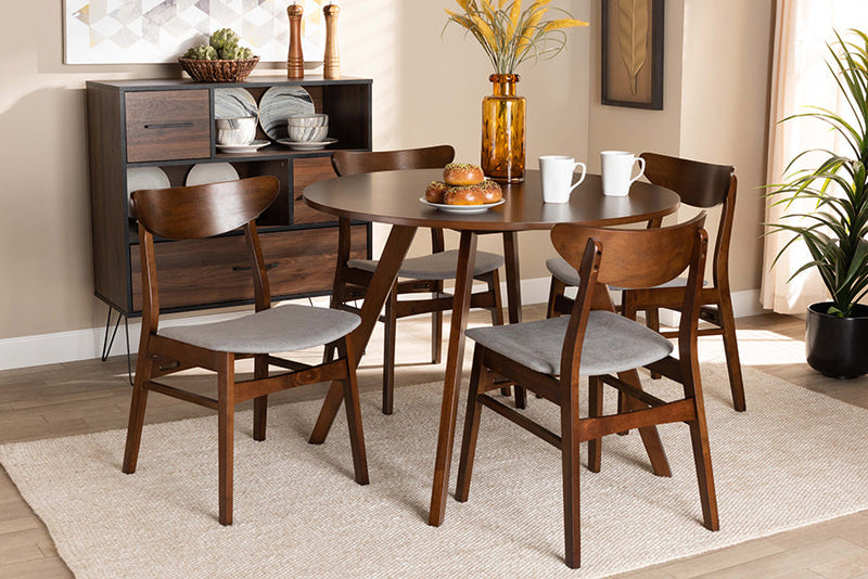 Genica Light Gray Fabric Upholstered and Walnut Brown 5-Piece Dining Set Baxton