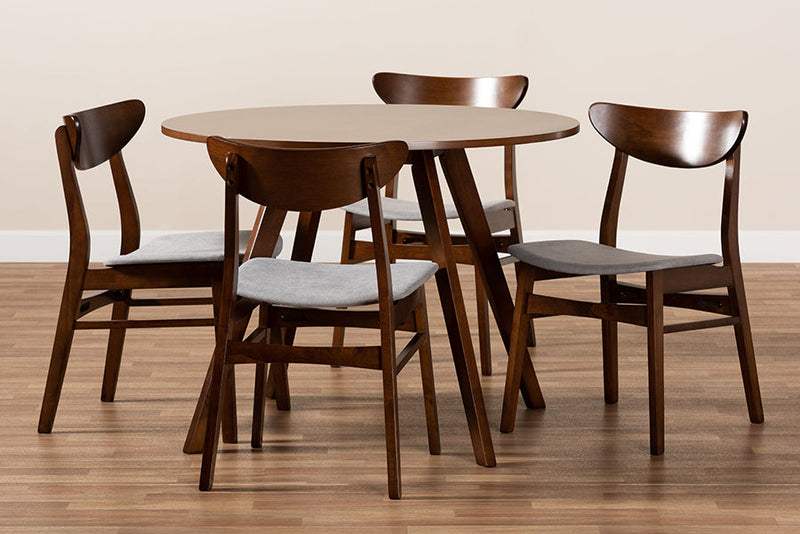 Genica Light Gray Fabric Upholstered and Walnut Brown 5-Piece Dining Set Baxton