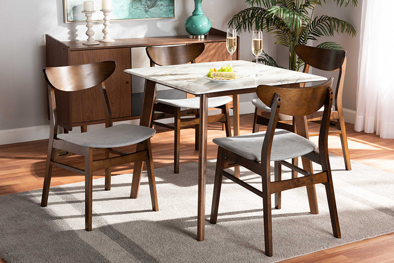 Bristol Mid-Century Light Gray Fabric/Walnut Brown Finished Wood 5-Piece Dining Set w/Faux Marble Dining Table