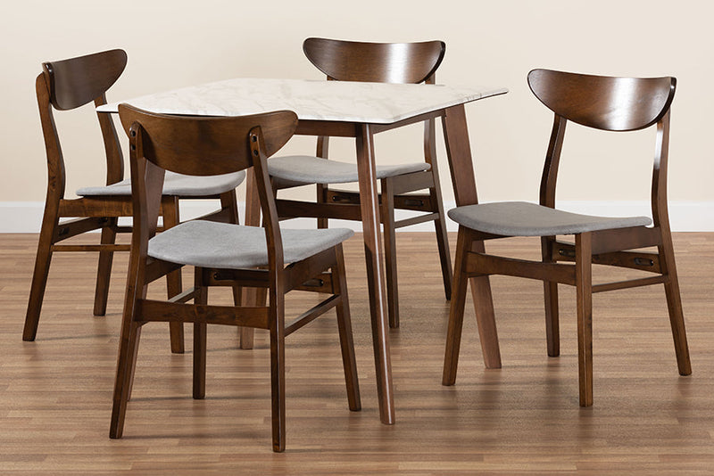 Bristol Light Gray Fabric/Walnut Brown 5-Piece Dining Set w/Faux Marble Top Baxton
