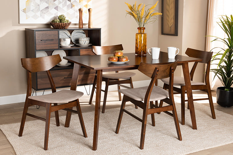 Venezia Mid-Century Light Beige Fabric Upholstered and Walnut Brown Finished Wood 5-Piece Dining Set