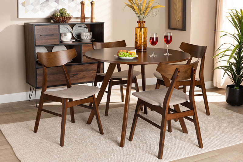 Sava Mid-Century Light Beige Fabric Upholstered and Walnut Brown Finished Wood 5-Piece Dining Set