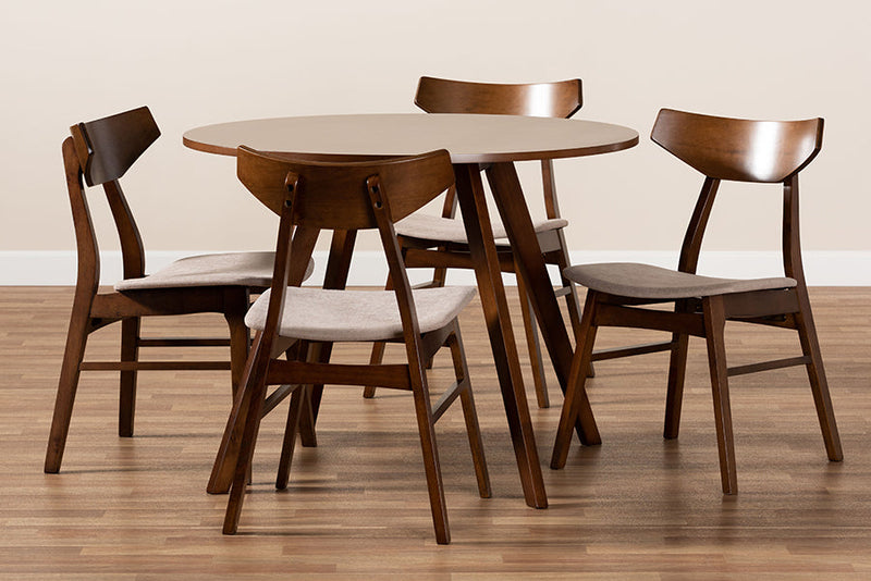Sava Light Beige Fabric Upholstered and Walnut Brown 5-Piece Dining Set Baxton