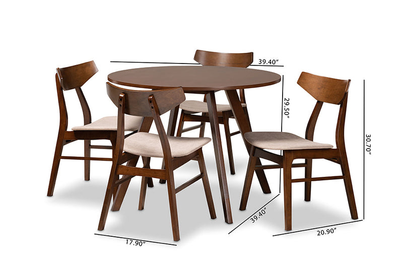 Sava Light Beige Fabric Upholstered and Walnut Brown 5-Piece Dining Set Baxton