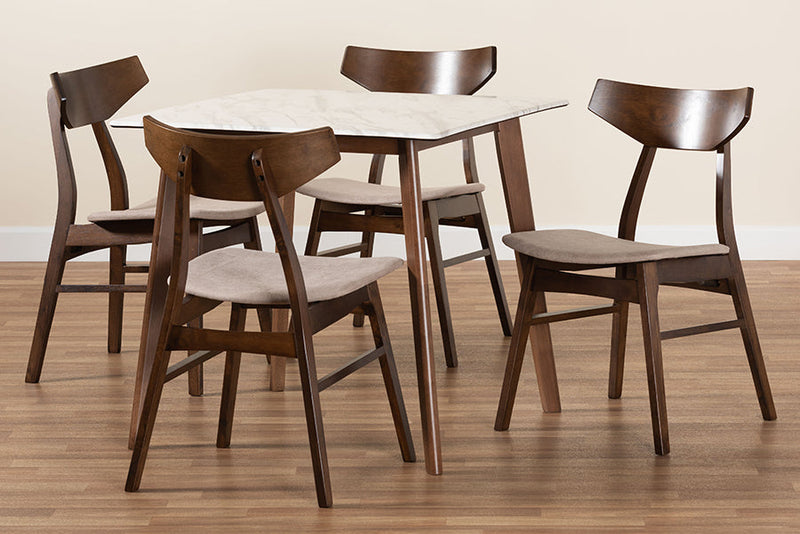 Norwood Light Beige Fabric/Walnut Brown 5-Piece Dining Set w/Faux Marble Table Baxton