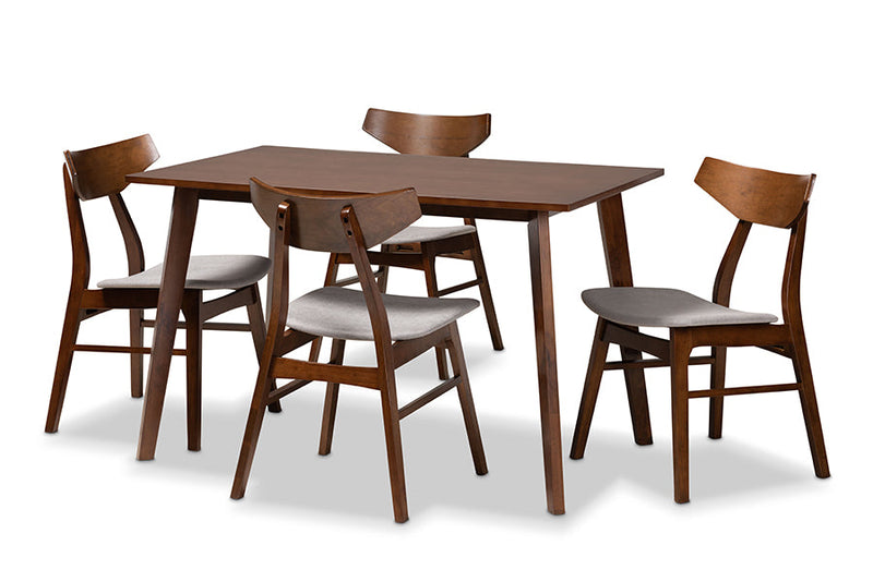 Venezia Light Gray Fabric Upholstered and Walnut Brown 5-Piece Dining Set Baxton