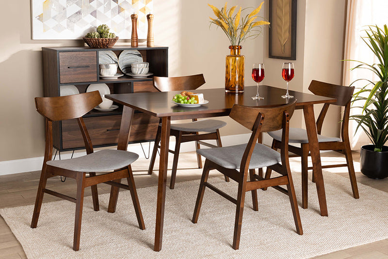 Venezia Light Gray Fabric Upholstered and Walnut Brown 5-Piece Dining Set Baxton