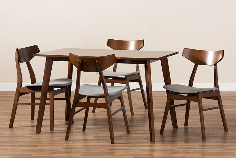 Venezia Light Gray Fabric Upholstered and Walnut Brown 5-Piece Dining Set Baxton