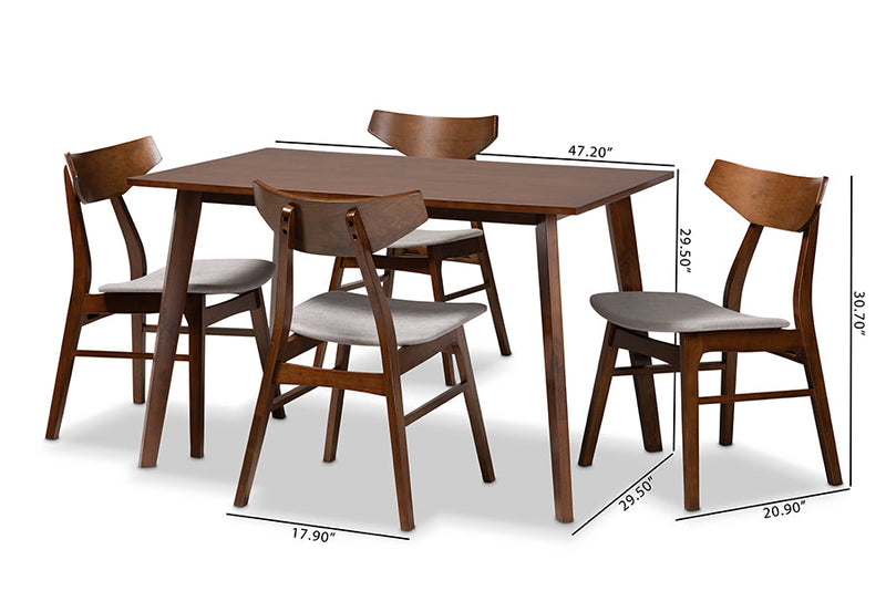Venezia Light Gray Fabric Upholstered and Walnut Brown 5-Piece Dining Set Baxton