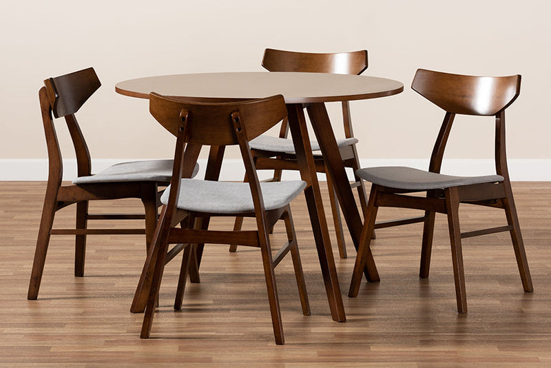Sava Light Gray Fabric Upholstered and Walnut Brown 5-Piece Dining Set Baxton