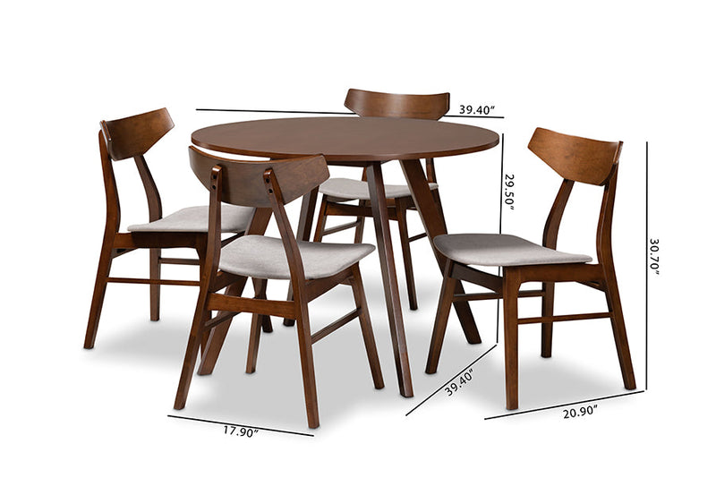 Sava Light Gray Fabric Upholstered and Walnut Brown 5-Piece Dining Set Baxton