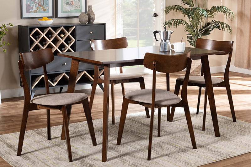 Serrano Mid-Century Light Beige Fabric Upholstered and Walnut Brown Finished Wood 5-Piece Dining Set