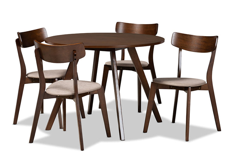 Soleil Light Beige Fabric Upholstered and Walnut Brown 5-Piece Dining Set Baxton