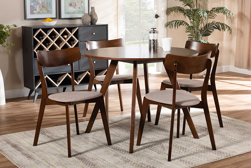 Soleil Mid-Century Light Beige Fabric Upholstered and Walnut Brown Finished Wood 5-Piece Dining Set