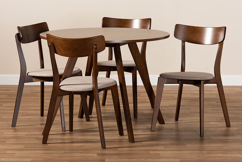 Soleil Light Beige Fabric Upholstered and Walnut Brown 5-Piece Dining Set Baxton