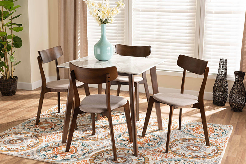 Berne Mid-Century Modern Light Beige Fabric/Walnut Brown Finished Wood 5-Piece Dining Set w/Faux Marble Dining Table