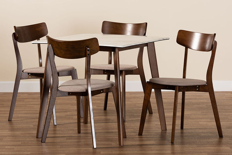 Berne Light Beige Fabric/Walnut Brown 5-Piece Dining Set w/Faux Marble Baxton