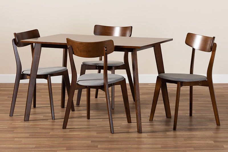 Serrano Light Gray Fabric Upholstered and Walnut Brown 5-Piece Dining Set Baxton