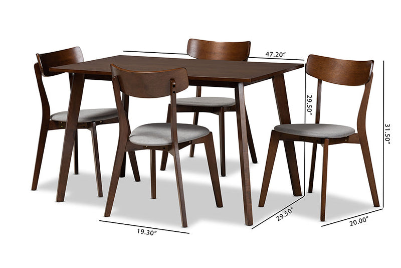 Serrano Light Gray Fabric Upholstered and Walnut Brown 5-Piece Dining Set Baxton