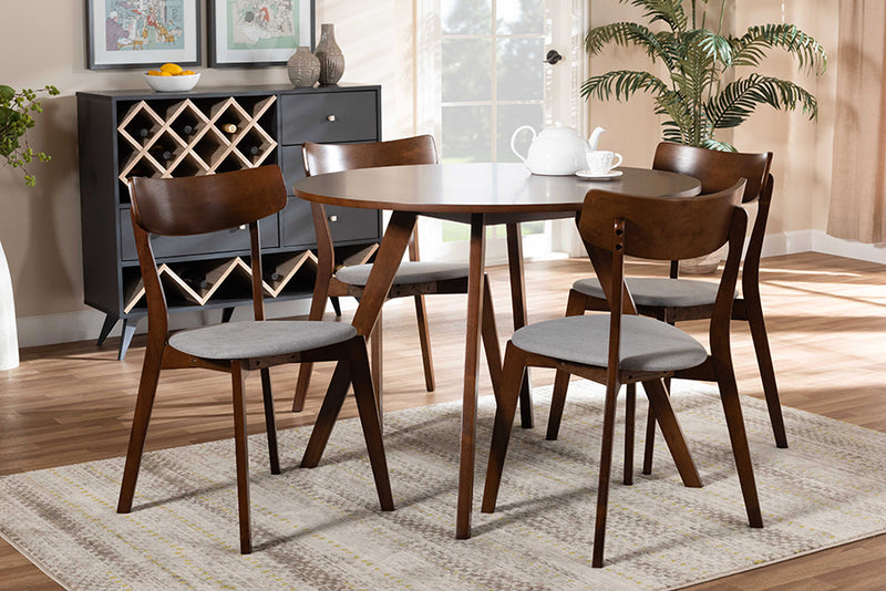 Soleil Mid-Century Light Gray Fabric Upholstered and Walnut Brown Finished Wood 5-Piece Dining Set