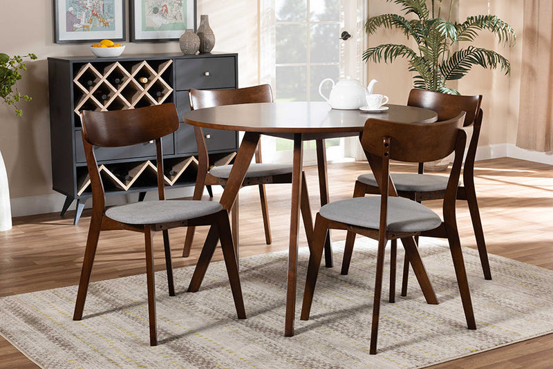 Soleil Light Gray Fabric Upholstered and Walnut Brown 5-Piece Dining Set Baxton