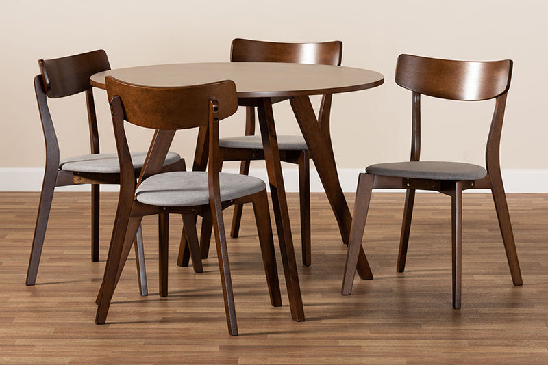 Soleil Light Gray Fabric Upholstered and Walnut Brown 5-Piece Dining Set Baxton