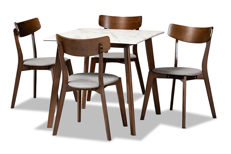 Berne Light Gray Fabric/Walnut Brown 5-Piece Dining Set w/Faux Marble Baxton