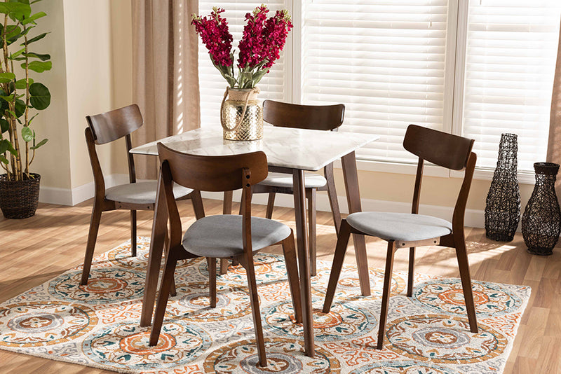 Berne Mid-Century Modern Light Gray Fabric/Walnut Brown Finished Wood 5-Piece Dining Set w/Faux Marble Dining Table