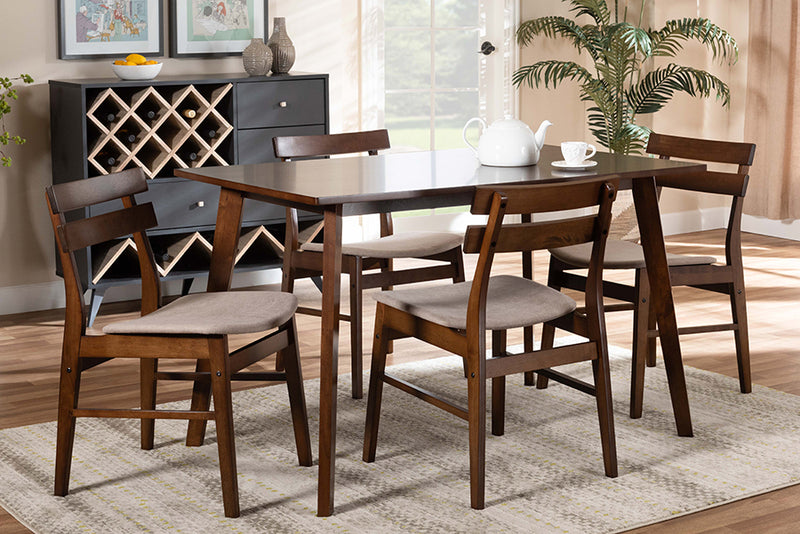 Sofia Mid-Century Light Beige Fabric Upholstered and Walnut Brown Finished Wood 5-Piece Dining Set