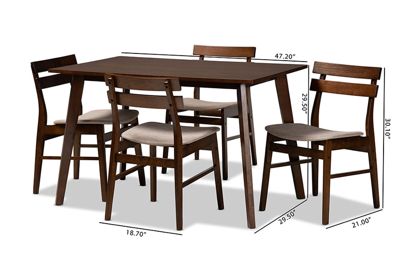 Sofia Mid-Century Light Beige Fabric Upholstered and Walnut Brown Finished Wood 5-Piece Dining Set