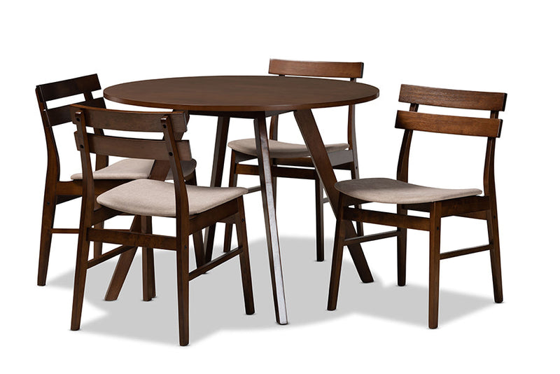 Mars Light Beige Fabric Upholstered and Walnut Brown 5-Piece Dining Set Baxton