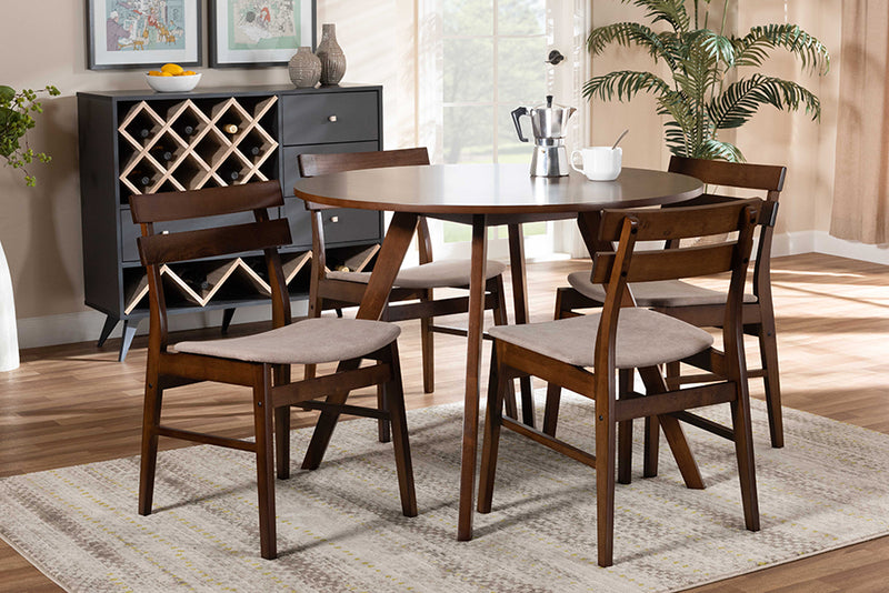 Mars Mid-Century Light Beige Fabric Upholstered and Walnut Brown Finished Wood 5-Piece Dining Set