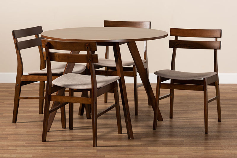Mars Light Beige Fabric Upholstered and Walnut Brown 5-Piece Dining Set Baxton