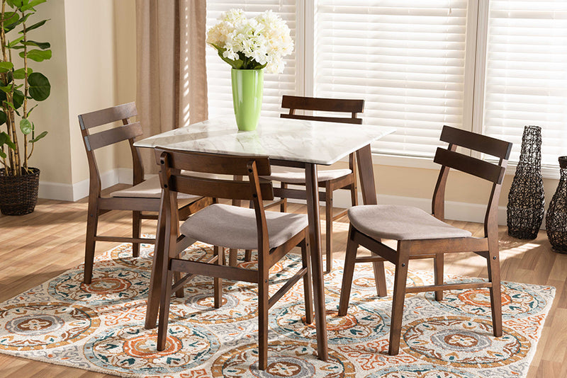 Derya Mid-Century Modern Light Beige Fabric/Walnut Brown Finished Wood 5-Piece Dining Set w/Faux Marble Dining Table