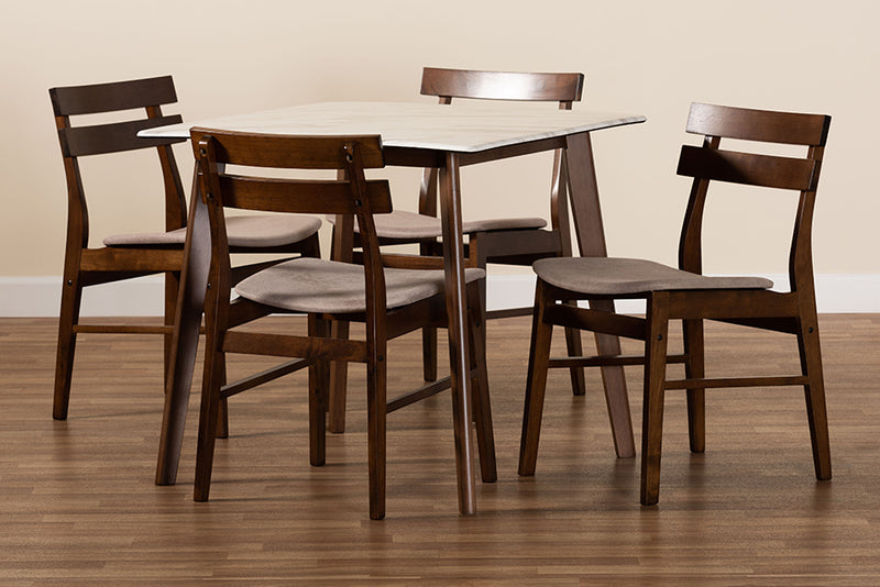 Derya Mid-Century Modern Light Beige Fabric/Walnut Brown Finished Wood 5-Piece Dining Set w/Faux Marble Dining Table