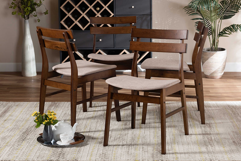 Libra Mid-Century Light Beige Fabric Upholstered and Walnut Brown Finished Wood 4-Piece Dining Chair Set