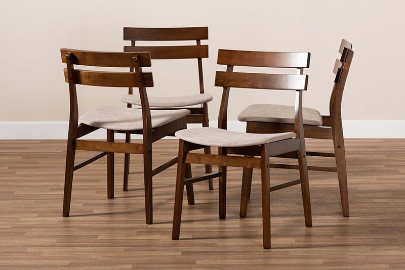 Libra Mid-Century Light Beige Fabric Upholstered and Walnut Brown Finished Wood 4-Piece Dining Chair Set