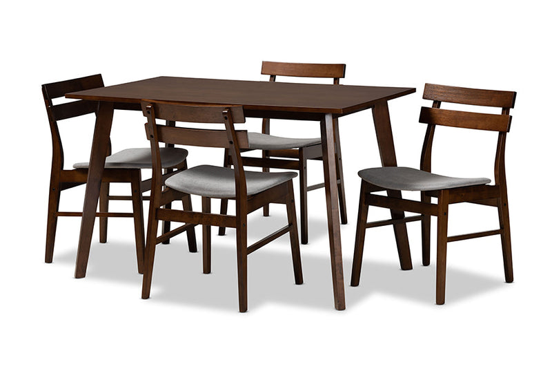 Sofia Light Gray Fabric Upholstered and Walnut Brown 5-Piece Dining Set Baxton