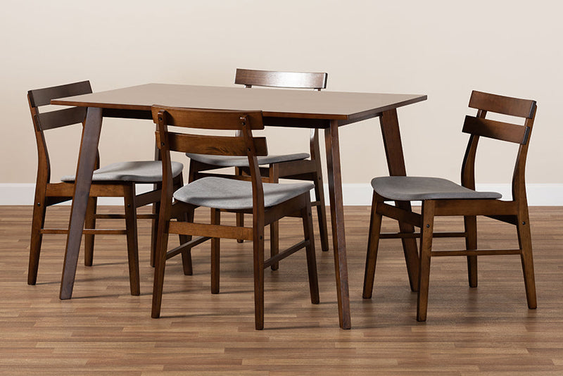 Sofia Light Gray Fabric Upholstered and Walnut Brown 5-Piece Dining Set Baxton