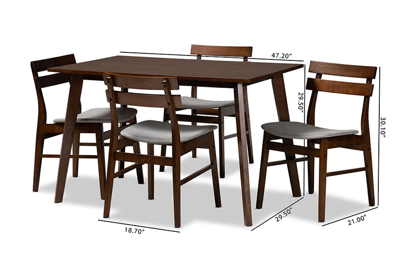 Sofia Mid-Century Light Gray Fabric Upholstered and Walnut Brown Finished Wood 5-Piece Dining Set