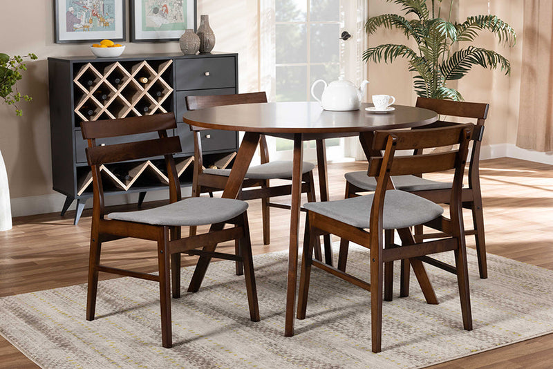 Mars Light Gray Fabric Upholstered and Walnut Brown 5-Piece Dining Set Baxton