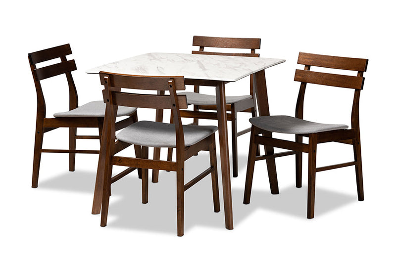 Derya Light Gray Fabric/Walnut Brown 5-Piece Dining Set w/Faux Marble Baxton